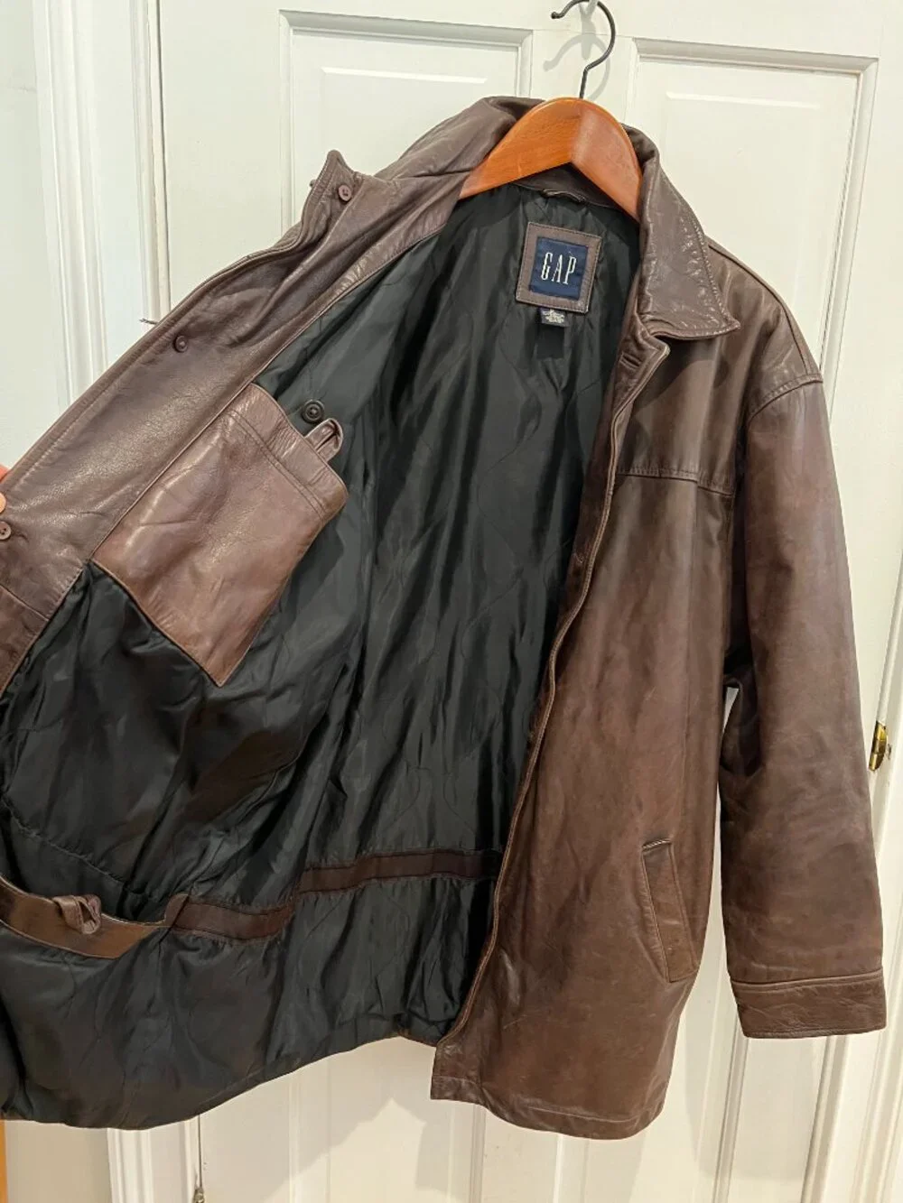 Gap Vintage Distressed Men’s Brown Leather Car Coat Jacket Button-Down Y2K